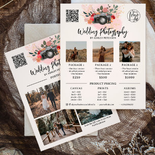 Flyer Cor-de-rosa dourado floreal Fotografia logótipo qr