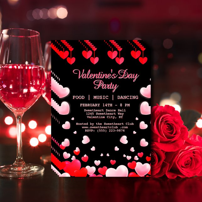 Flyer Corações Rosa Vermelho Comida Música Dança Festa d (Red Pink Hearts Valentine's Party Food Music Dance Flyer)