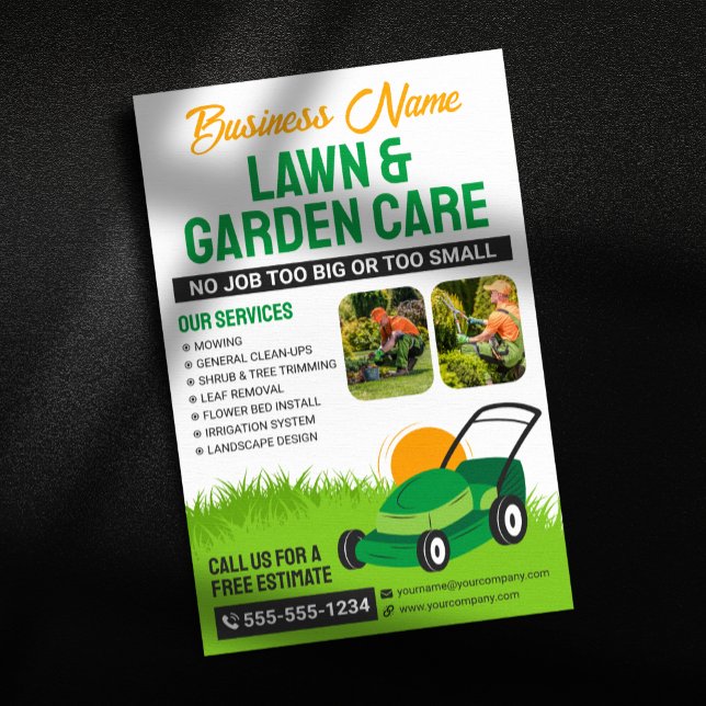 Flyer Corte de grama verde e laranja e manutenção de jar (Criador carregado)