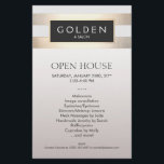 Flyer Cosmetologista Gold Stripes Hair Salon e Spa<br><div class="desc">Chique e elegante com um toque contemporâneo. Belo padrão listrado em ouro falso sobre fundo branco. Nota: esta é uma imagem digital do efeito de folha de ouro e textura de tecido de linho preto no fundo. - não é o produto real.</div>
