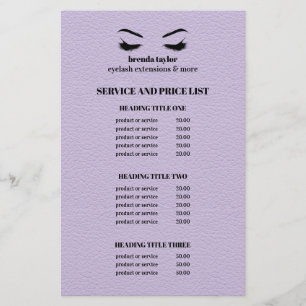 Flyer Couro Glam lilás LISTA DE SERVIÇOS DO SALÃO DE CÍ