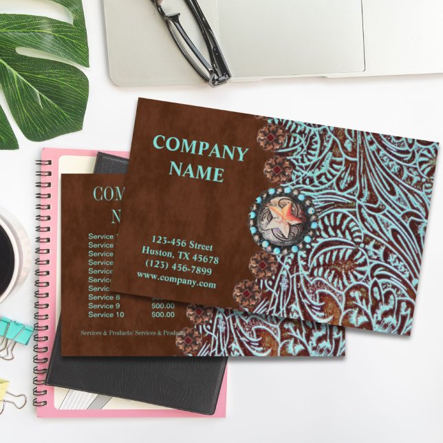 Flyer couros e peles castanhos-turquesa, de países ocide (turquoise brown western country tooled leather flyer)