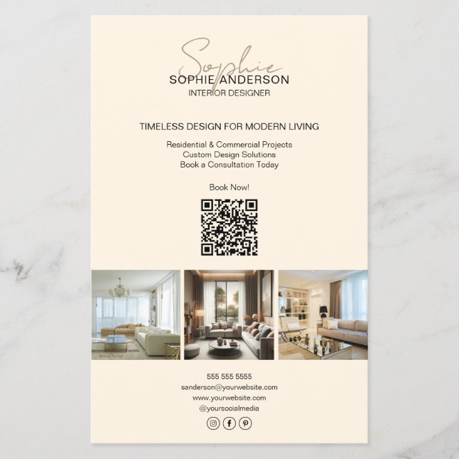 Flyer Creme QR Foto Script Moderno Profissional Empresar (Frente)
