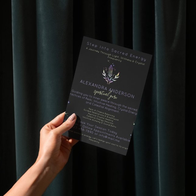 Flyer Cristais Espiritais Holográficos Holográficos Negr (Black Mystical Holographic Spiritual Crystals Flyer)