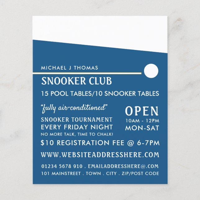 Flyer Cue Ball, Clube de Piscinas, Publicidade do Snooke (Frente)