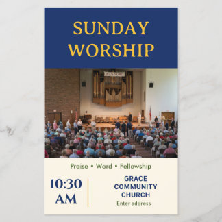 Flyer Culto de Domingo da Igreja Moderna Azul Real e Dou