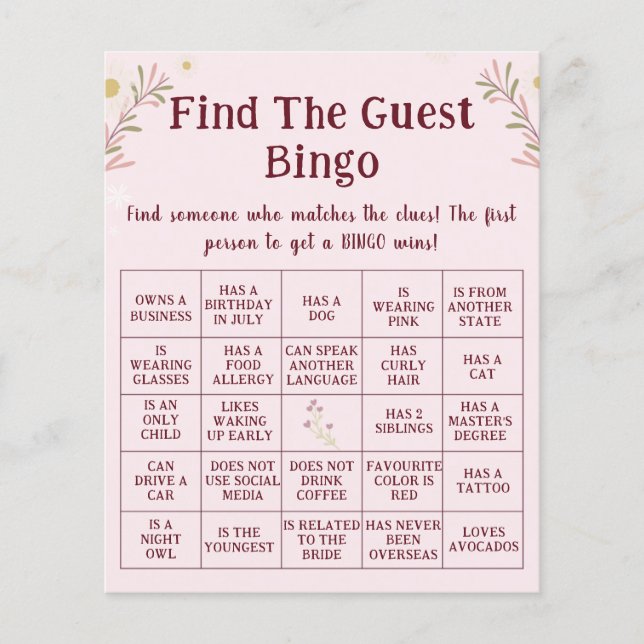 Flyer Customized Boho Floral Find The Guest Bingo Game  (Frente)