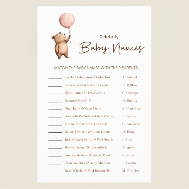 Flyer Cute Bear Balloon Baby Shower Celebrity Names Game (Criador carregado)