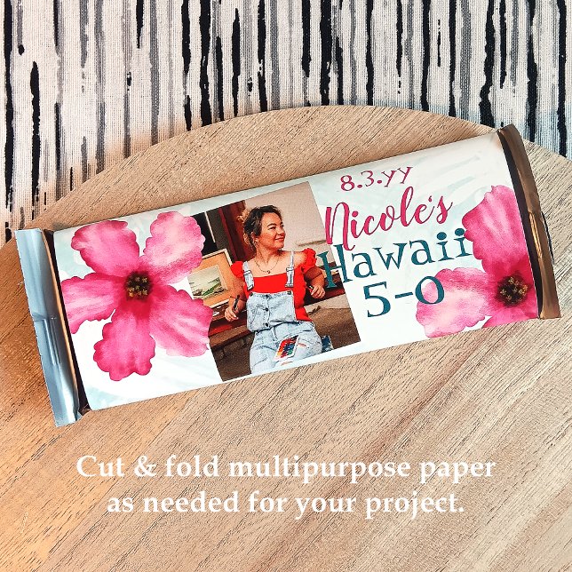 Flyer Cyan 50th Hawaii 5-0, Birthday Candy Wrapper rosa (tropical Hawaii 5-0 five-o 50th birthday party chocolate candy bar wrappers, personalized customized)