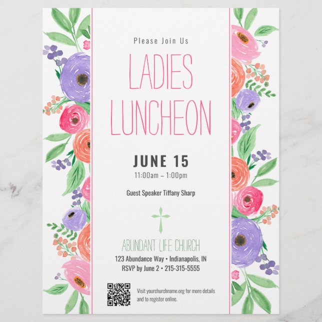 Flyer Damas Church Luncheon Primavera Floral Código QR (Frente)