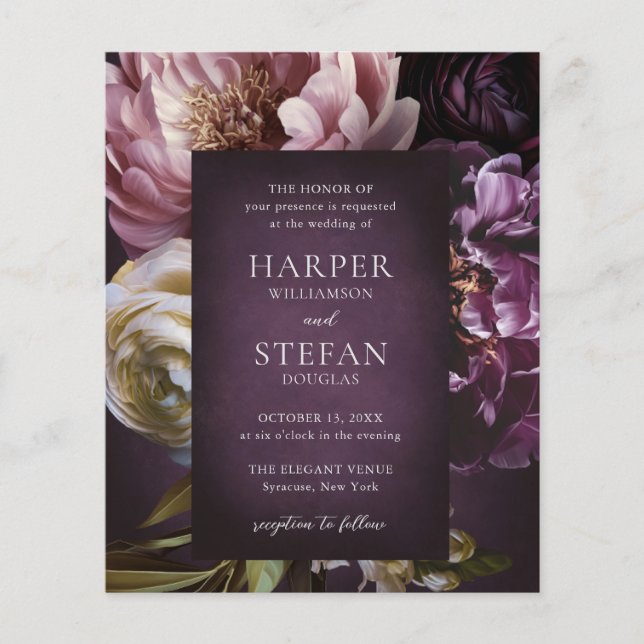Flyer Dark Purple Fine Art Floral Budget Wedding Invite (Frente)