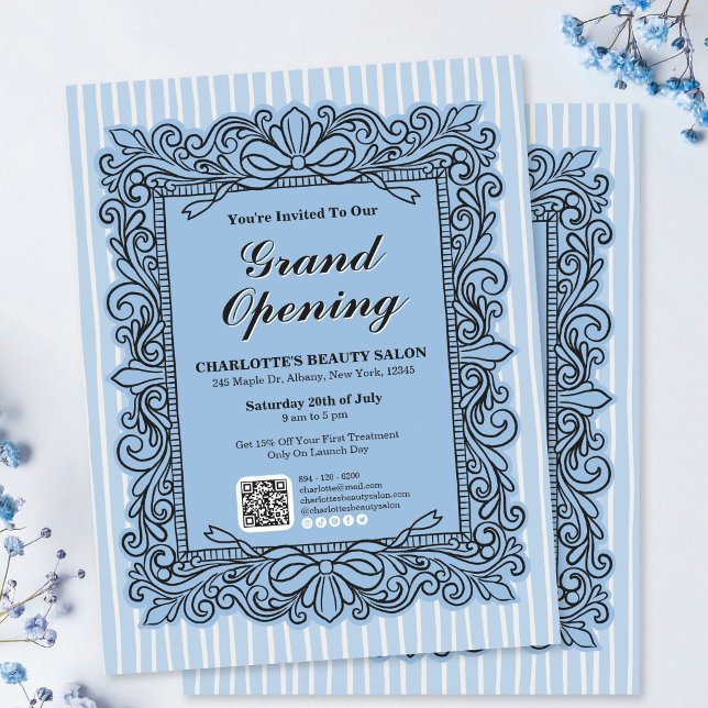 Flyer de Abertura Grandiosa com Arco Ornate Azul C (Light Blue Ornate Bow Frame Grand Opening Flyer)
