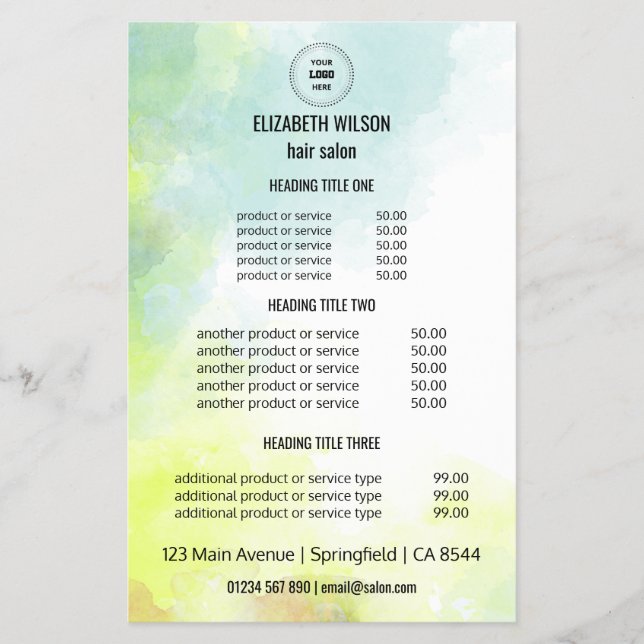 Flyer de Menu de Serviço do Salão de Cabelo Aquare (Frente)