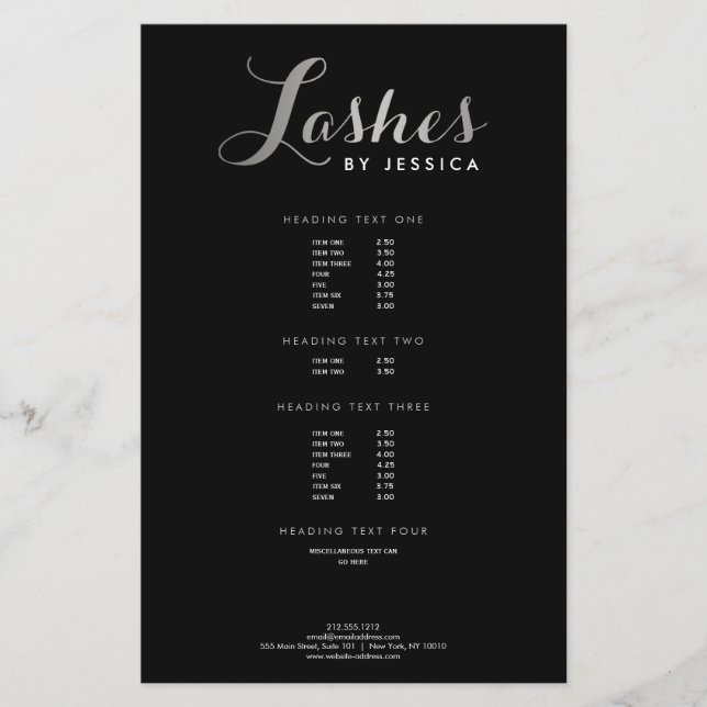 Flyer de Texto Prateado/Preto do Glam Lashes (Frente)
