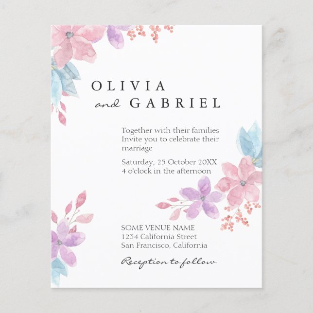 Flyer Delicate watercolor flowers botanical boho wedding (Frente)