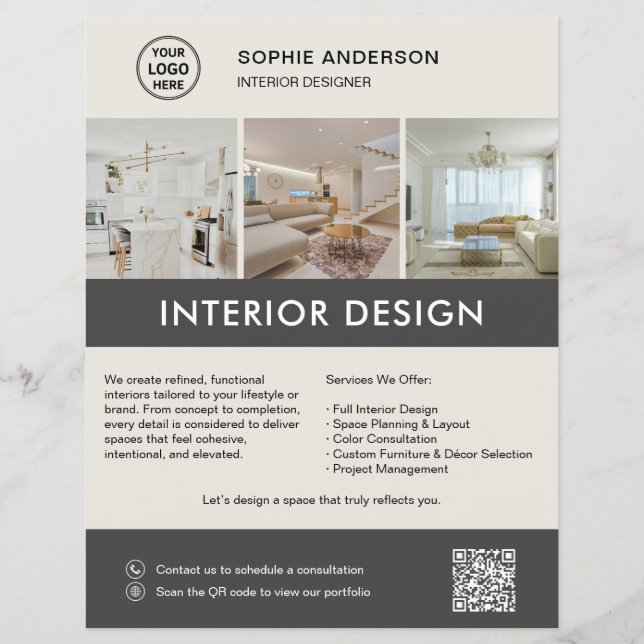 Flyer Designer de Interiores Moderno Marketing Cinza Neu (Frente)