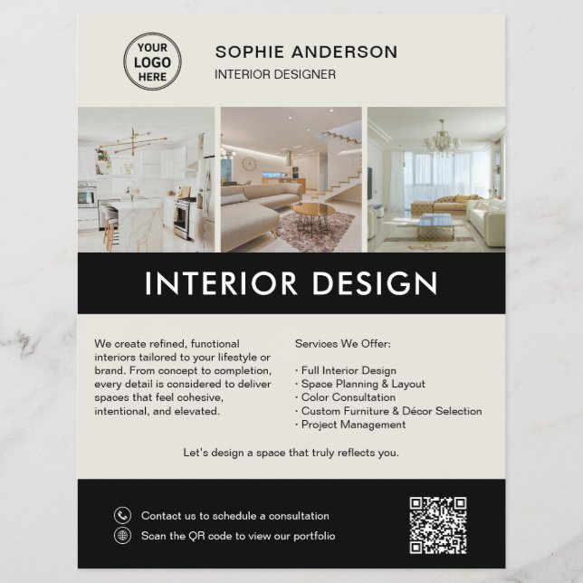 Flyer Designer de Interiores Moderno Marketing Neutro Pr (Frente)