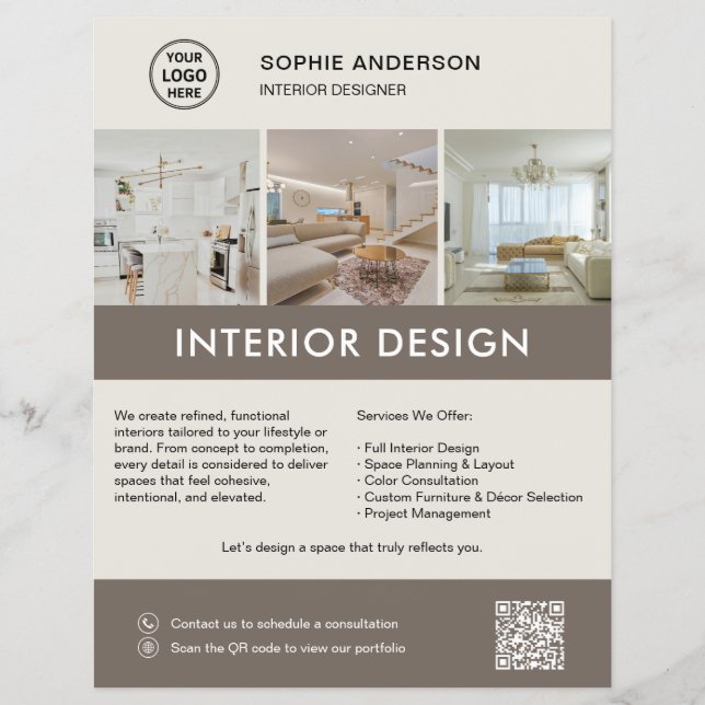 Flyer Designer de Interiores Moderno Marketing Neutro Ta (Frente)