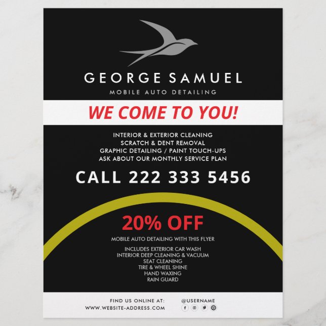 Flyer Detalhamento Automático | Logotipo de pássaro voad (Frente)