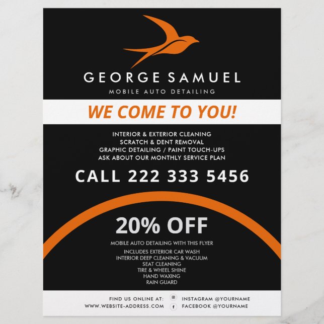 Flyer Detalhamento Automático | Logotipo de pássaro voad (Frente)