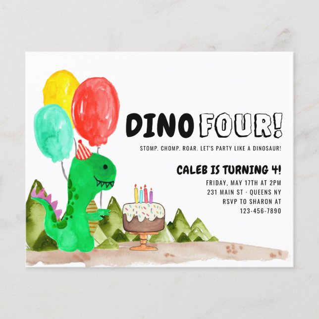 Flyer Dino Barato Quatro Balões Dinossauro 4º Aniversári (Frente)