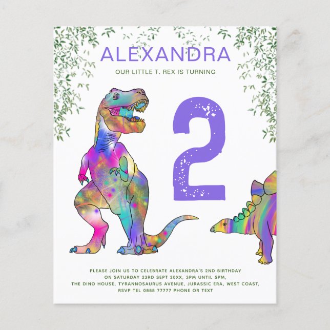Flyer Dinosaur 2nd Birthday Party Invites budget purple (Frente)