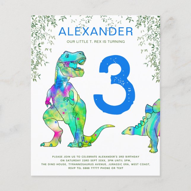 Flyer Dinosaur 3rd Birthday Party invites budget blue (Frente)