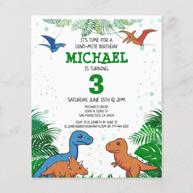 Flyer Dinossauro de Orçamento Crianças Dino Trex Convite (Frente)