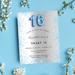 Flyer Doce 16 prata azul-brilho convite orçamental<br><div class="desc">Por favor, note que este convite está no papel de folheto e é muito fino. Os envelopes não estão incluídos. Para convites mais espessos (mesmo design) visite nossa loja. Um convite moderno, na moda e glamouroso para uma festa de aniversário Doce 16, 16. Um fundo com aspecto fino prateado, decorado...</div>