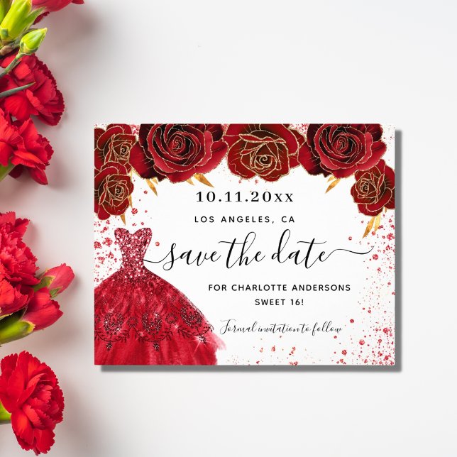 Flyer Doce 16 vermelho vestido orçamento branco salvar a (Criador carregado)