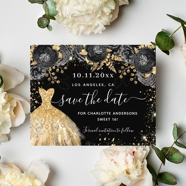 Flyer Doce 16 vestido de ouro preto - salvar a data (Criador carregado)