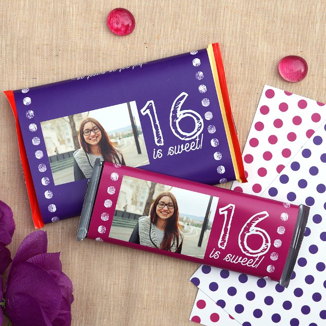 Flyer Doce Roxo 16 Abraçador de Bar de Aniversário Perso (purple pink sweet 16 party favor candy bar labels personalized birthday cand bar wrappers)