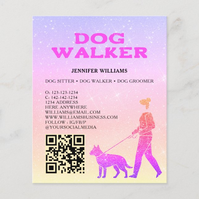Flyer Dog Walker Pink Gold Glitter QR Code Pet Services (Frente)