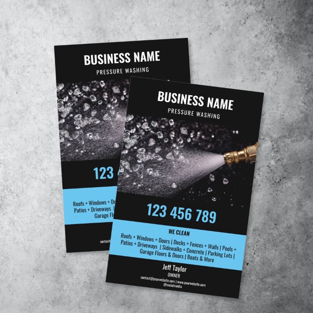 Flyer Dois idiomas: Lavando a pressão, lavando o tejadil (hose spraying diamonds)