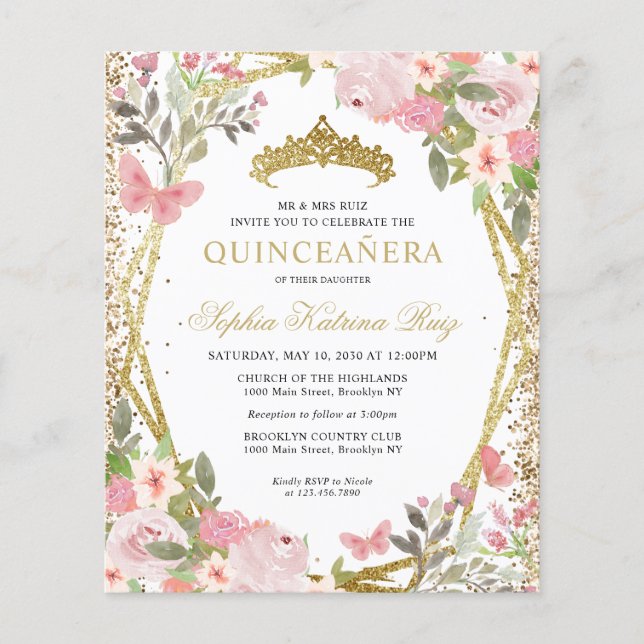 Flyer Dourada Tiara Quinceañera, Blush Floral Barato, Co (Frente)