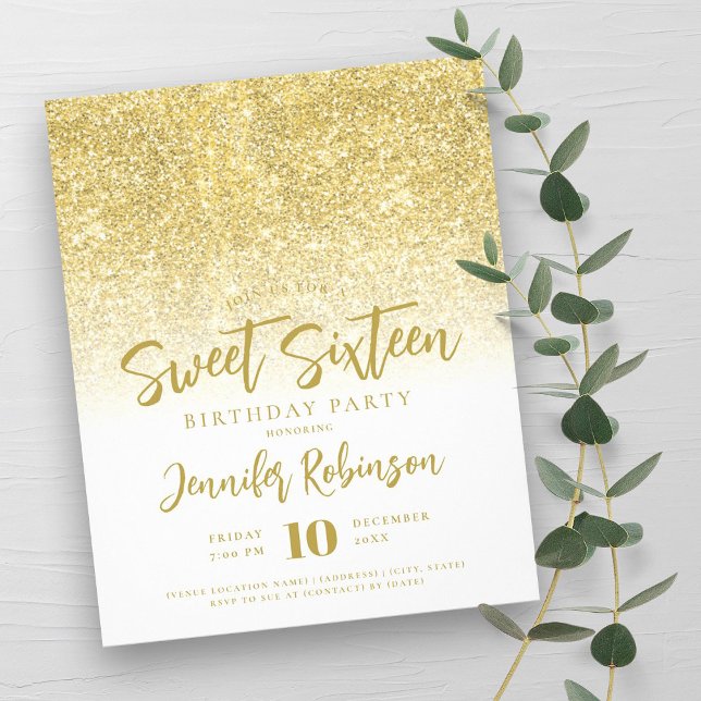 Flyer Dourado Brilhante Branco Suave 16 Convite (Budget Gold White Glitter Sweet 16 Invite Flyer)