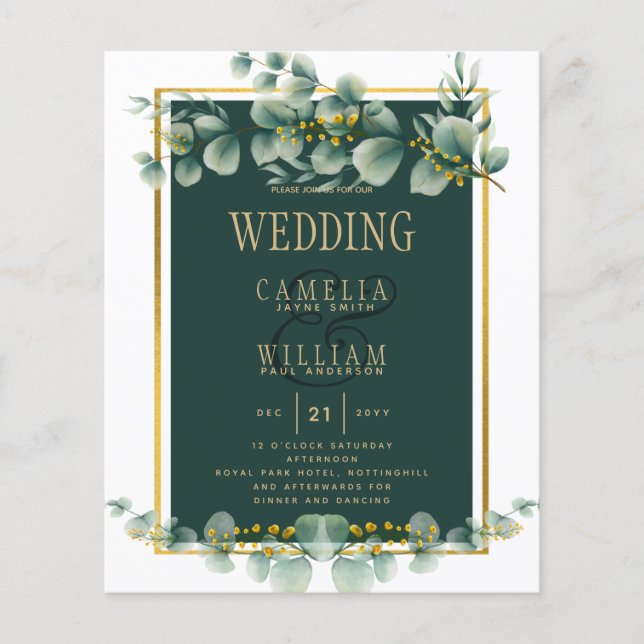 Flyer Dourado Convite de Casamento Verde Botânico Emeral (Frente)