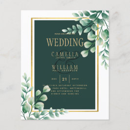 Flyer Dourado Convite de Casamento Verde Botânico Emeral