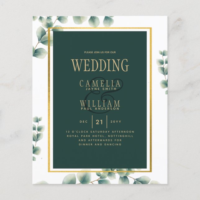 Flyer Dourado Convite de Casamento Verde Botânico Emeral (Frente)