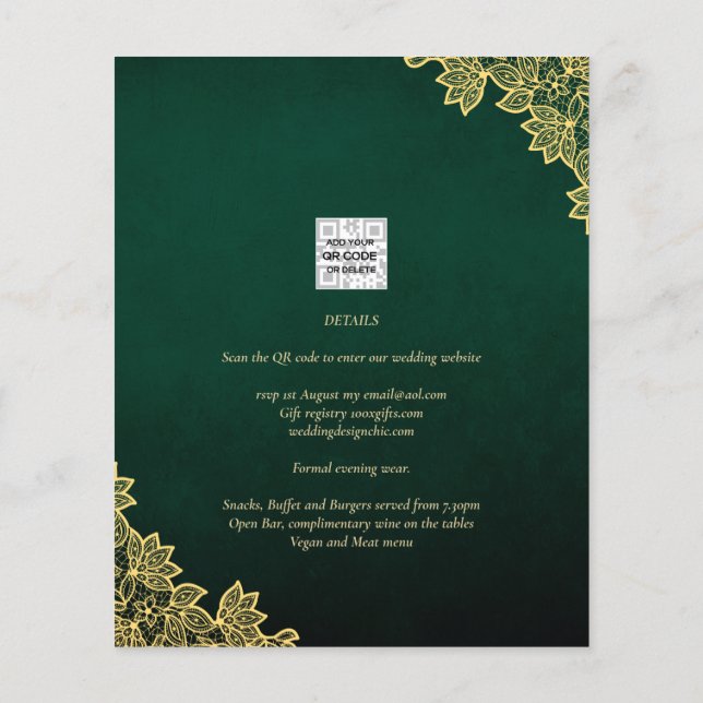 Flyer Dourado Lace Emerald Green All-in-1 Convite de cas (Verso)