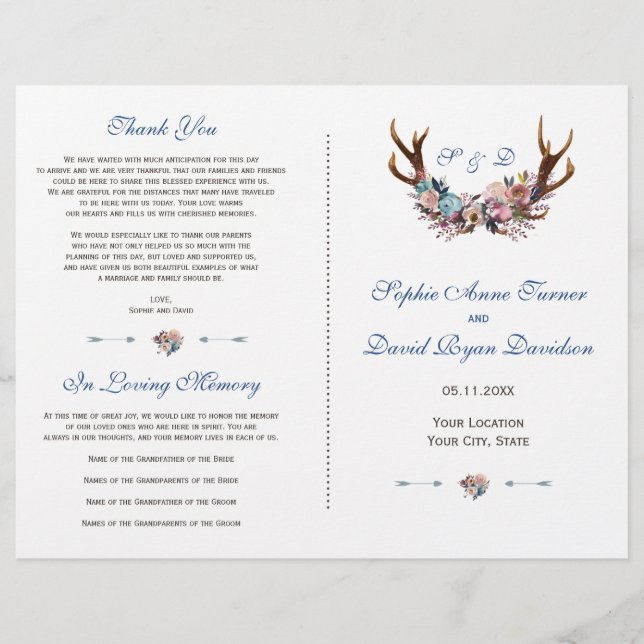 Flyer Dusty Blue Pink Floral Antlers Weding Program (Frente)