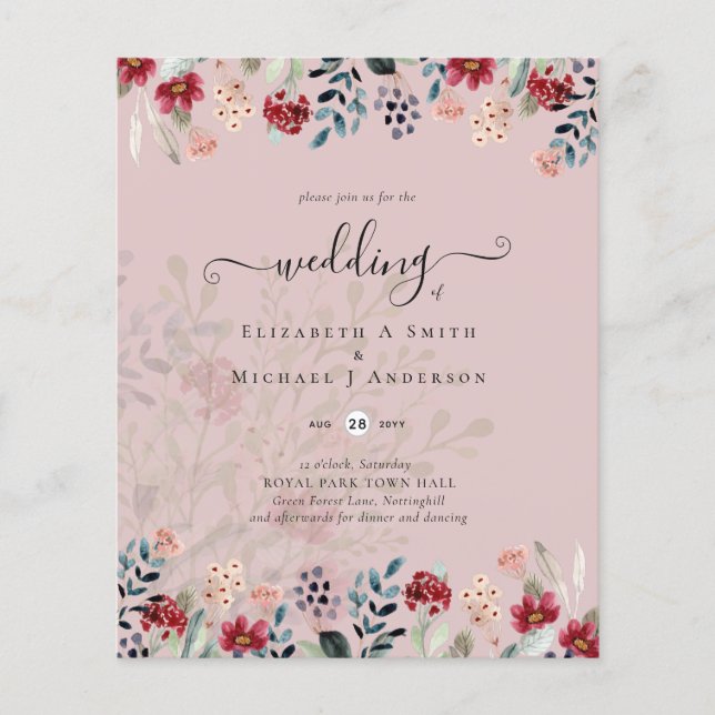 Flyer Dusty Rosa Burgundy Casamento Floral (Frente)
