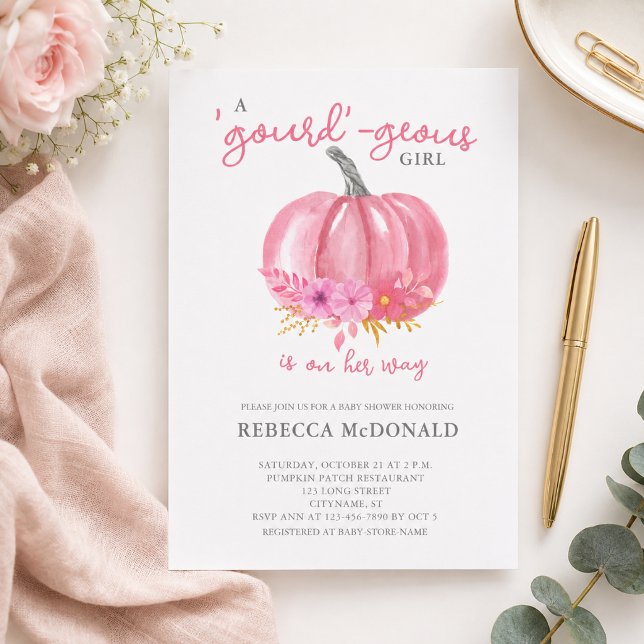 Flyer É um Convite de Chá de Bebê Menina Abóbora Rosa (Add name & event details via the template to customize your invitation.  Matching items available)