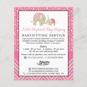 Flyer Elefante de Boho Rosa, Babysitter, creche, Nursery