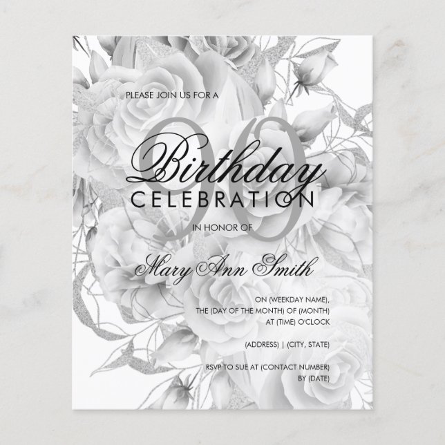 Flyer Elegant 90th Birthday Floral Silver White Invite  (Frente)