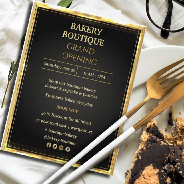 Flyer Elegant Black & Gold Grand Opening invitation (#zazzlemade #grandopining #pricelist #goldflyer #bakeryflyer #bakeryboutique #golden)