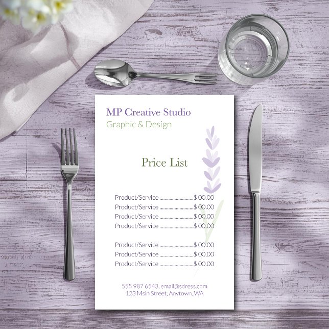 Flyer Elegant Lavender Sprig Botanical Design Price List (Criador carregado)