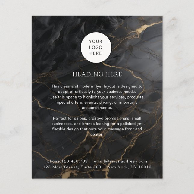 Flyer Elegant Marble Black-Gold Salon Qr Code & Logo (Frente)