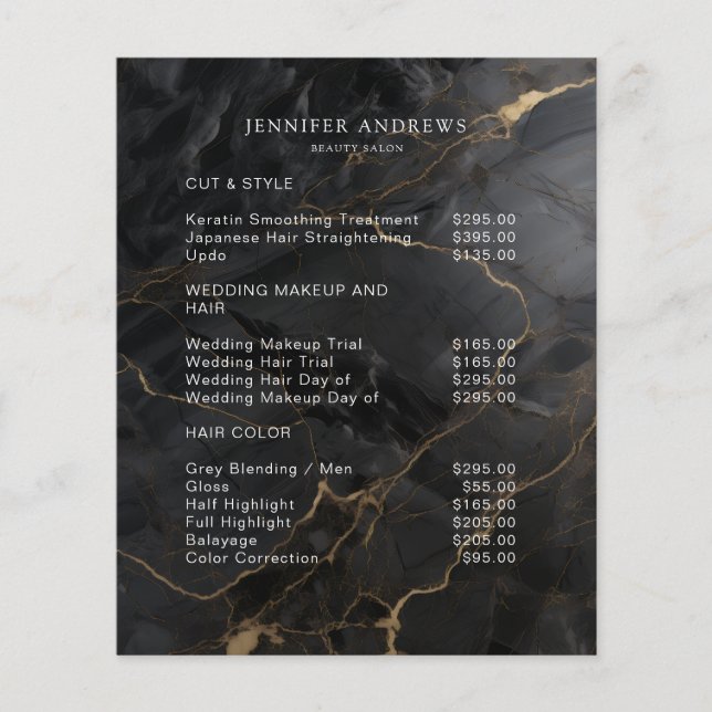 Flyer Elegant Marble Black-Gold Salon Qr Code Pricelist (Frente)