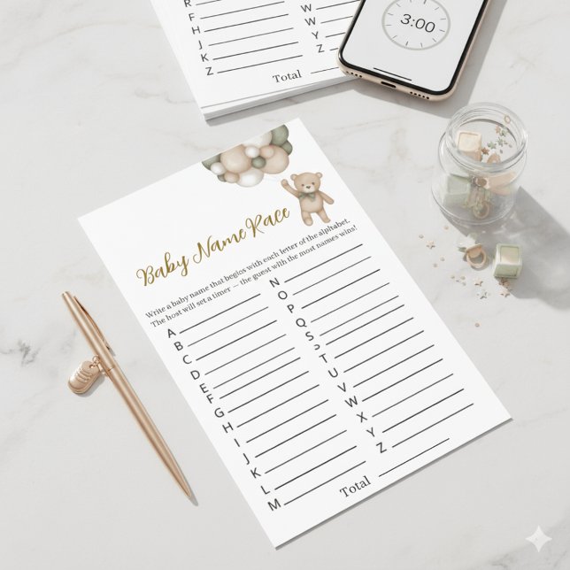 Flyer Elegant Woodland Theme Baby Name Race Shower Game (Criador carregado)